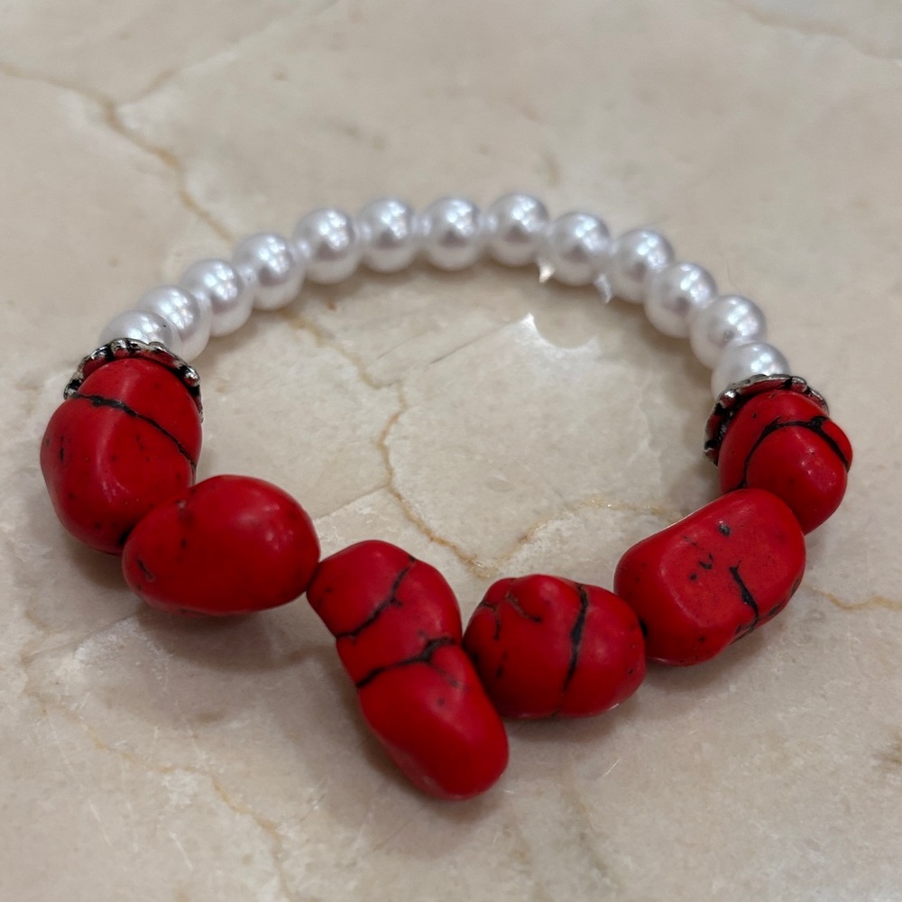Red Stone and Pearl Stretch Bracelet